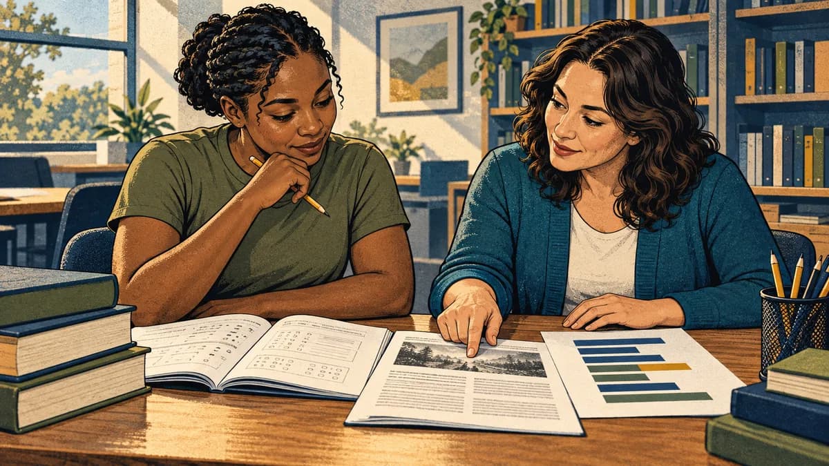 Service member and academic counselor reviewing reading, arithmetic, and an aptitude score report at an education center