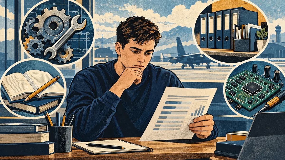 Applicant reviewing a score report surrounded by mechanical, administrative, verbal, and electronics study scenes