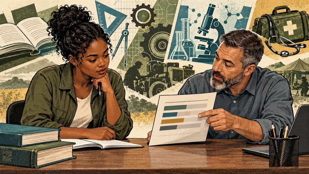 Civilian applicant and counselor reviewing a score report with study materials and career pathways around them