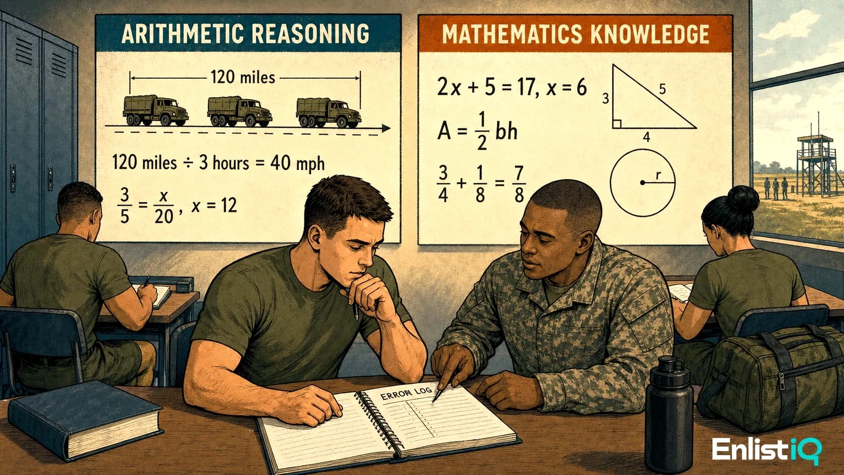 Illustrated military ASVAB math classroom with correct rate, proportion, algebra, fraction, and geometry problems
