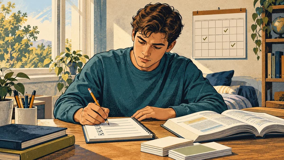 Student planning a new study schedule with a calendar, notebook, practice materials, and pencil