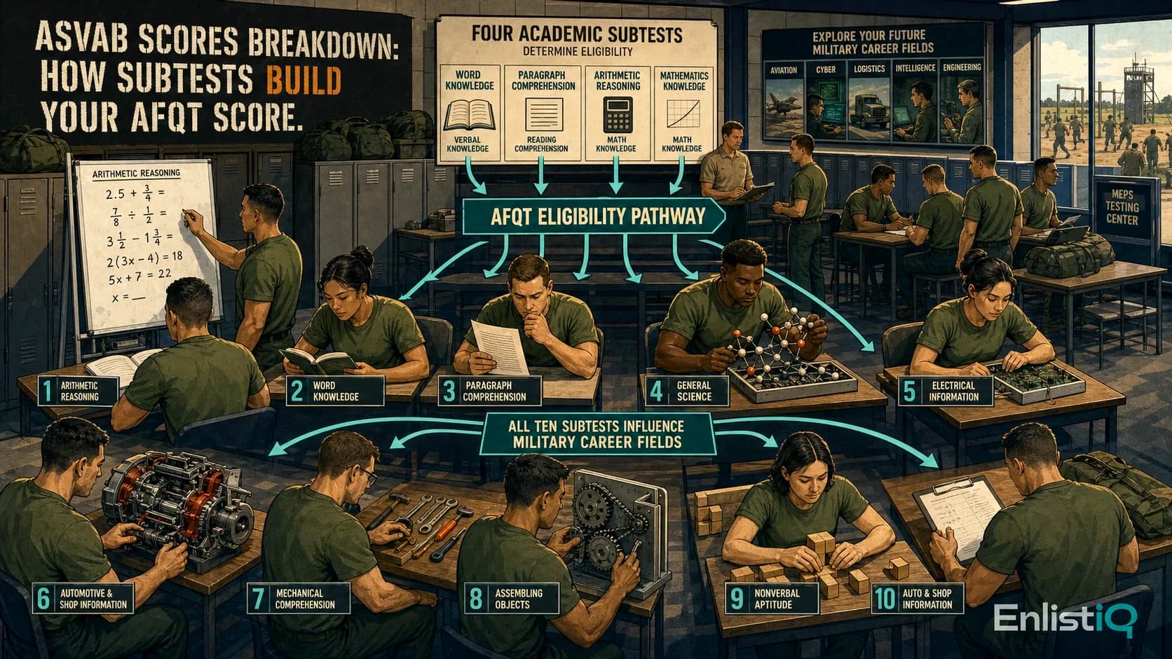 Illustrated military classroom showing how ASVAB subtests build AFQT eligibility and career scores