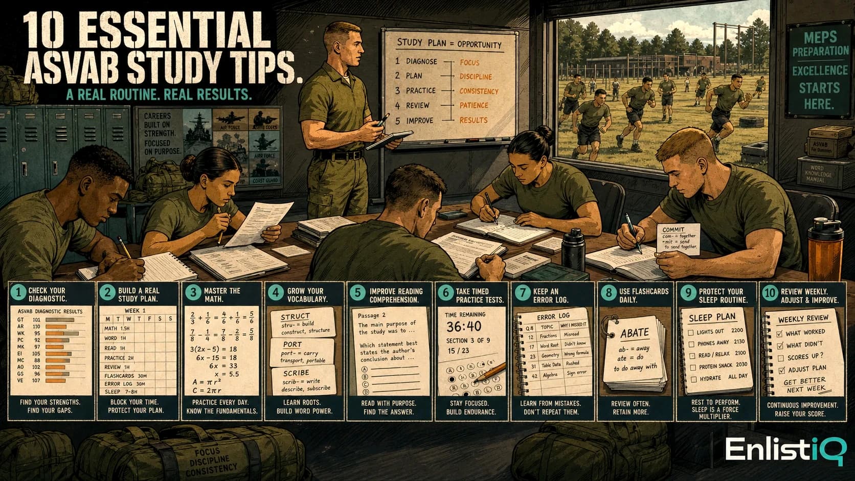 Illustrated military education class following ten practical ASVAB study habits
