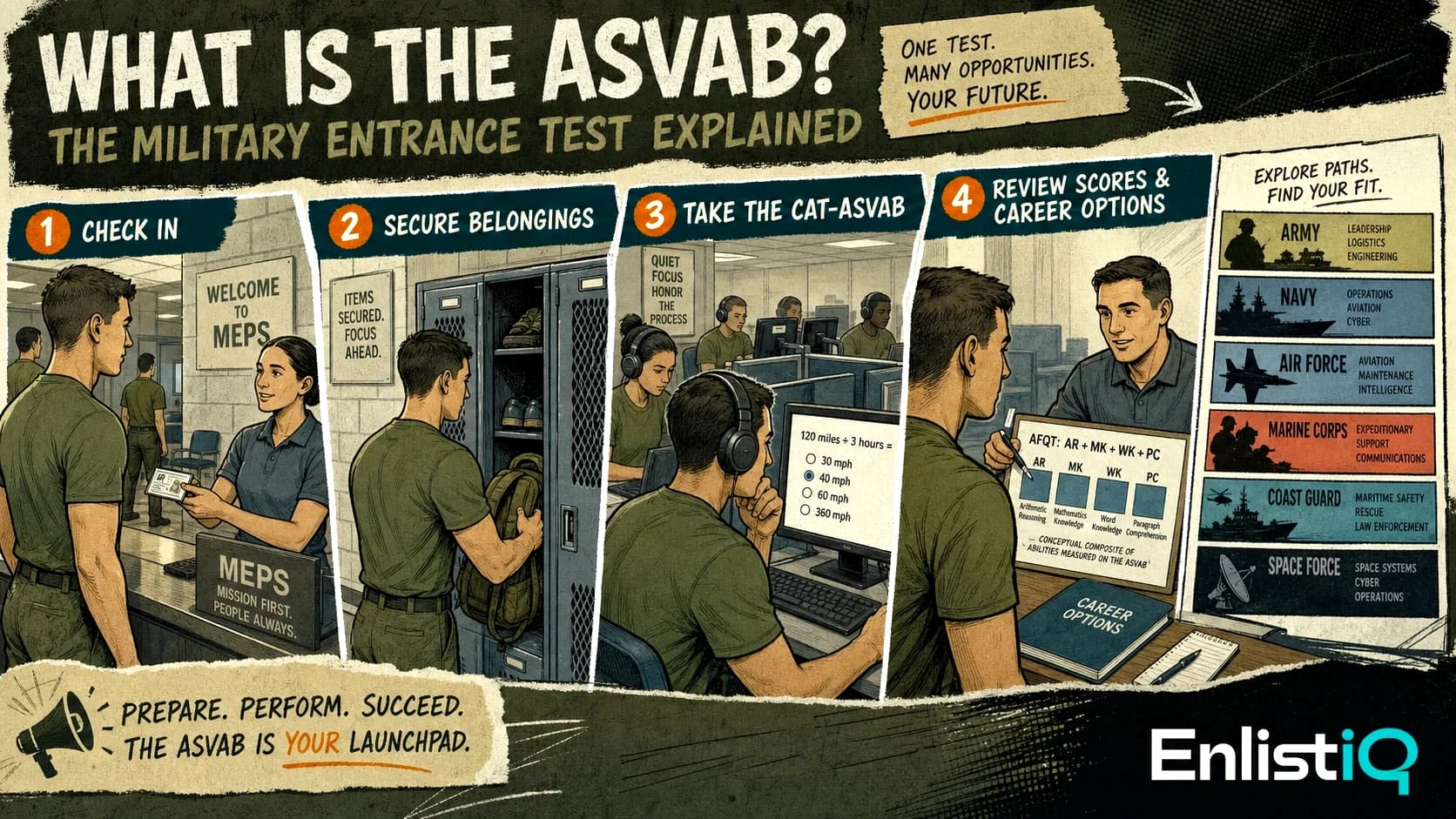 Illustrated four-step ASVAB journey from MEPS check-in through military career review