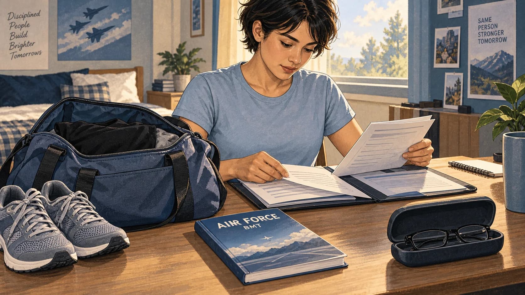 Illustrated Air Force applicant organizing BMT paperwork beside a duffel, running shoes, glasses, and a study guide