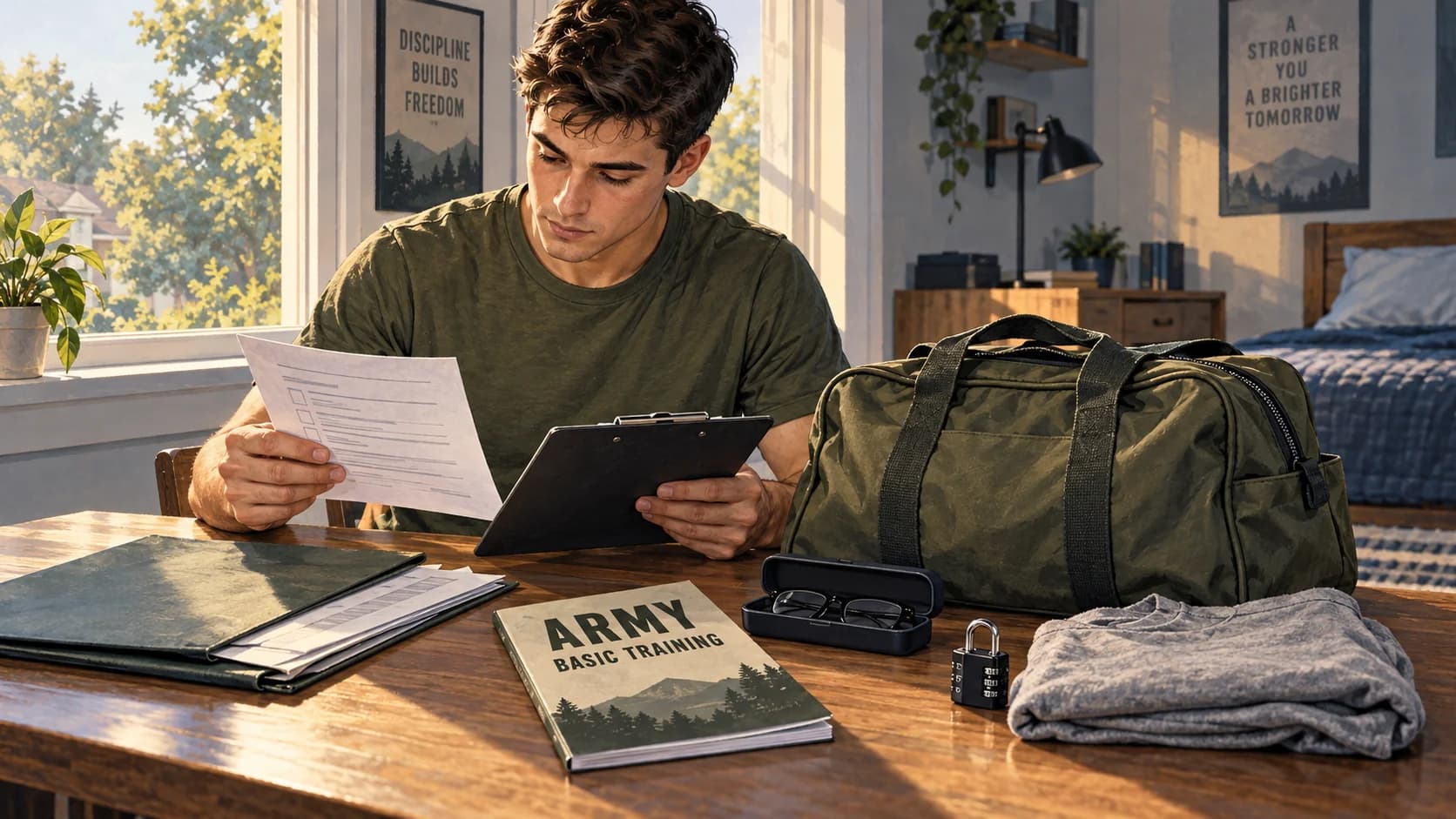 Illustrated Army applicant checking paperwork beside a small gym bag, combination lock, glasses, and basic training guide