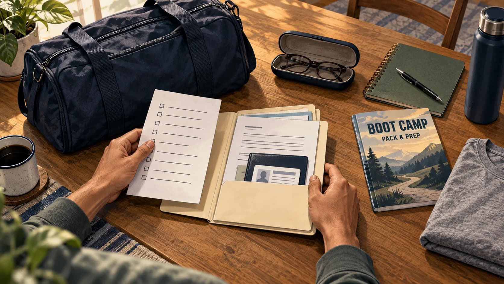 Illustrated pre-ship packing layout with a small duffel, document folder, checklist, glasses, and preparation guide