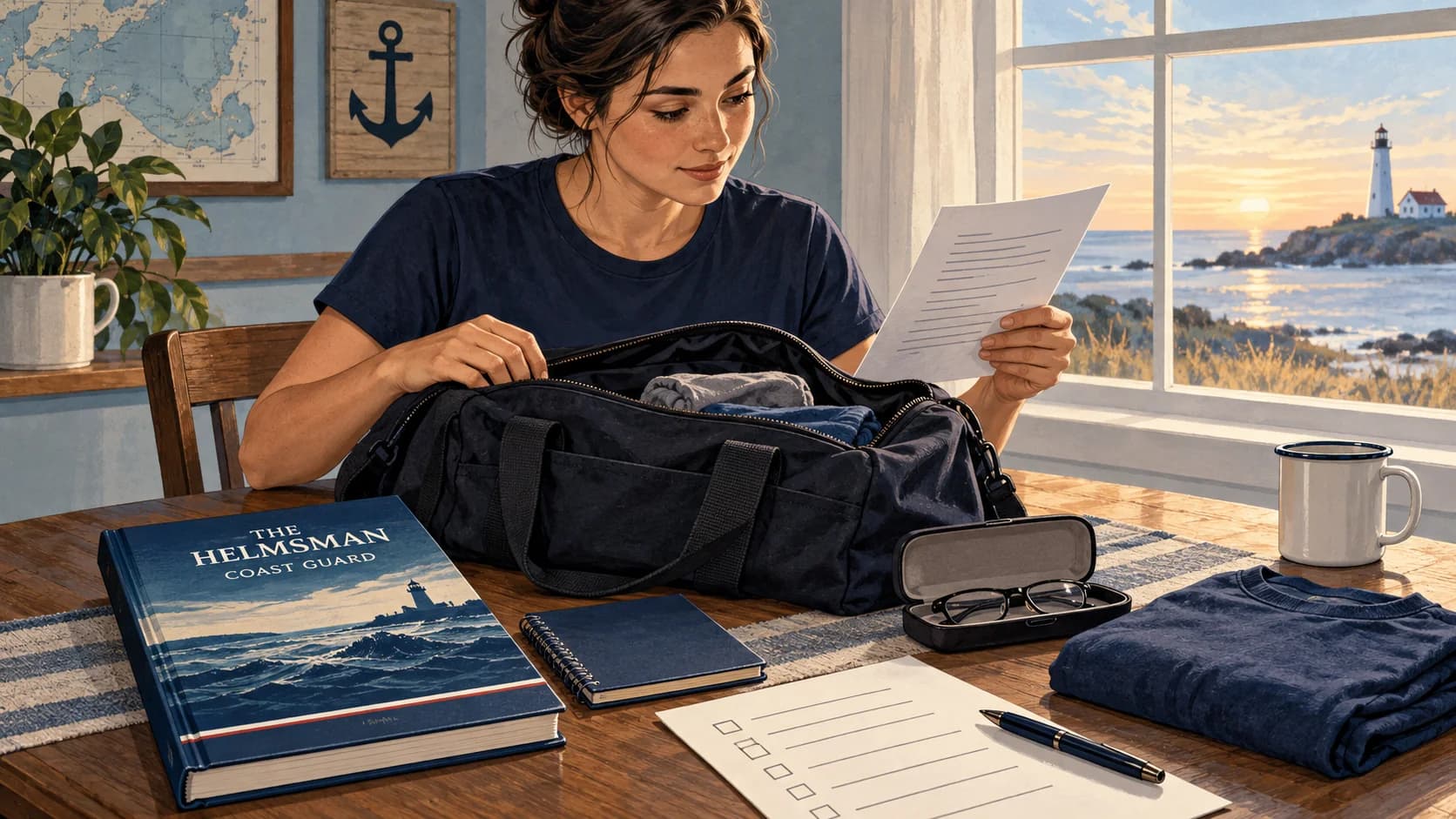 Illustrated Coast Guard applicant checking departure paperwork beside a small duffel, glasses, and the Helmsman