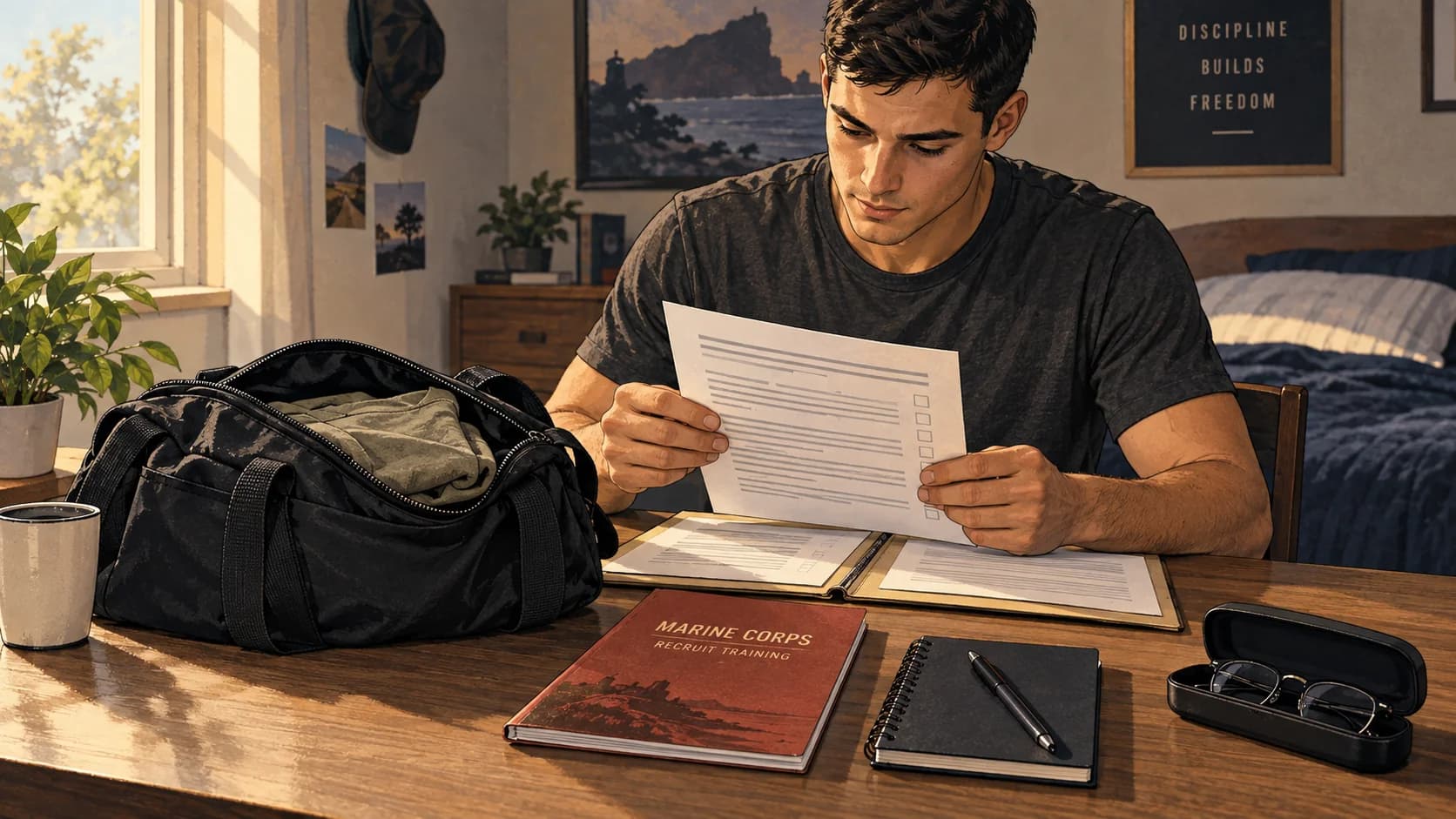 Illustrated Marine Corps applicant reviewing a departure checklist beside a small bag and recruit training guide