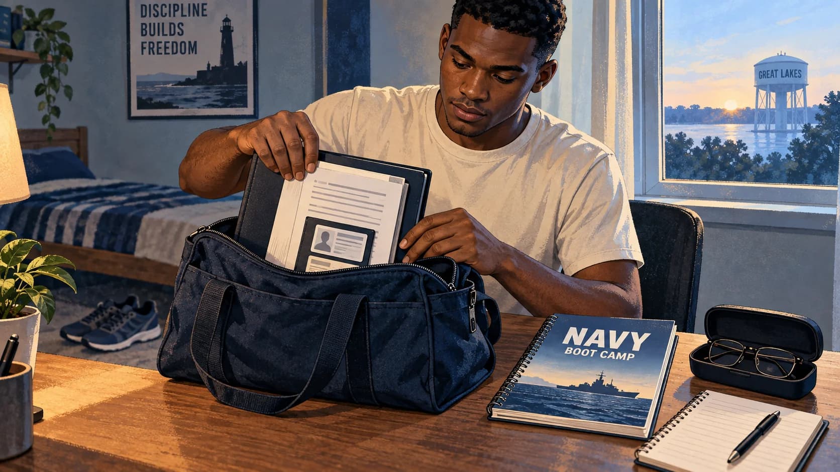 Illustrated Navy applicant packing departure documents beside glasses and a Navy boot camp study guide
