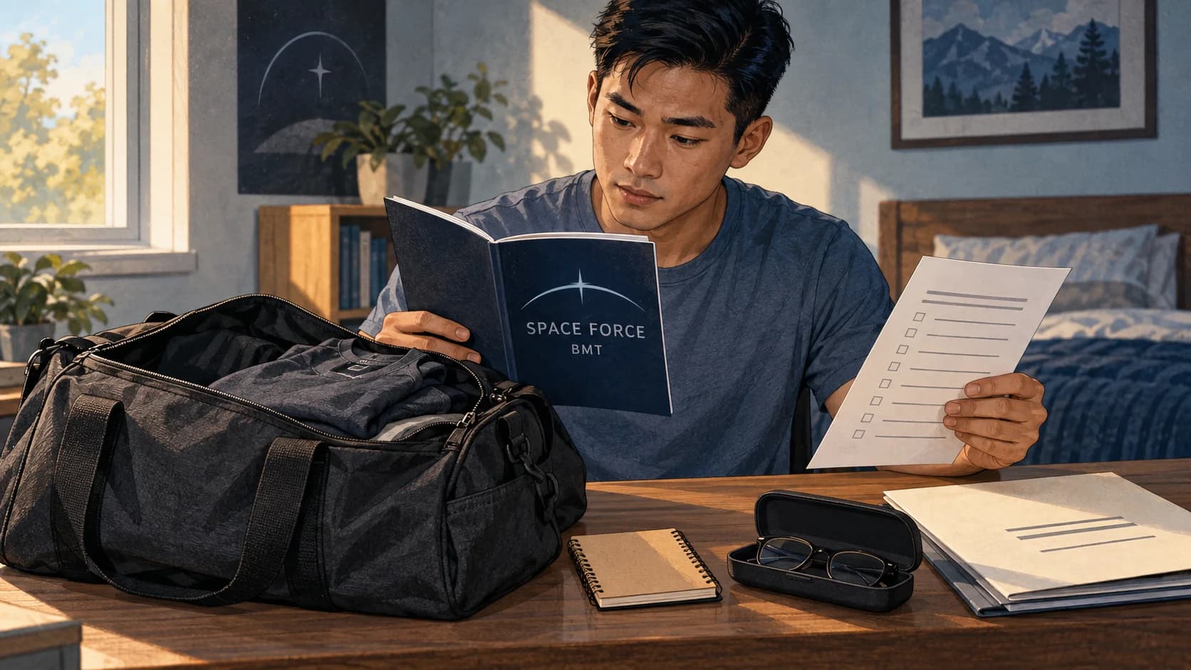 Illustrated future Guardian reviewing a Space Force BMT guide and packing checklist beside a small travel bag