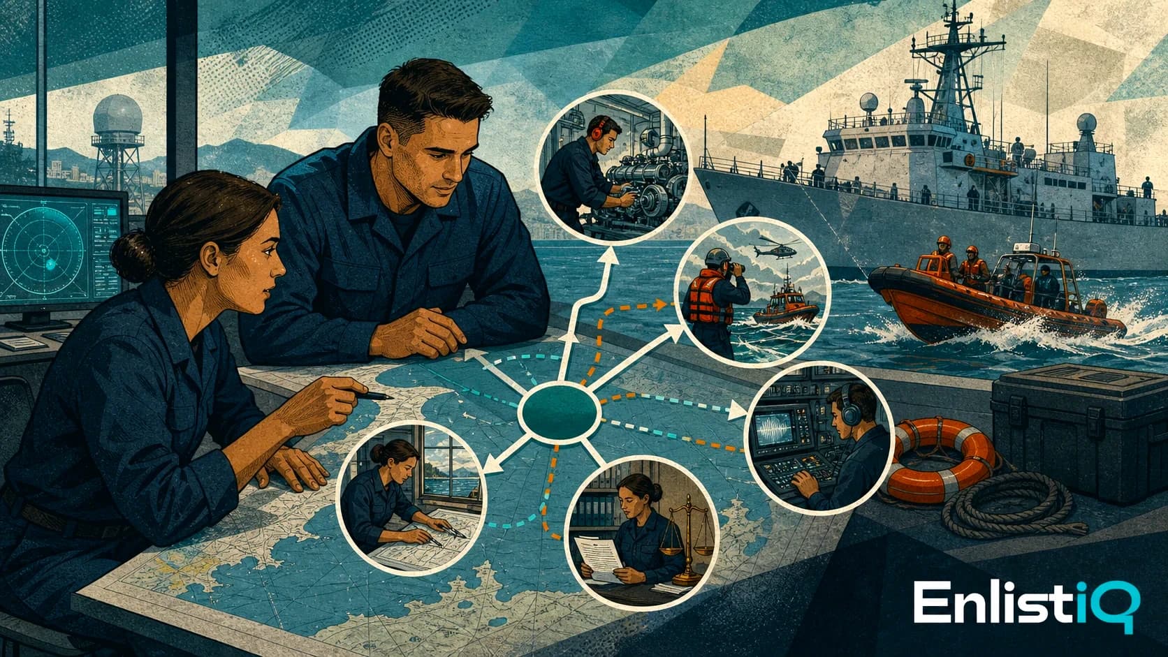 Illustrated Coast Guard applicant reviewing ASVAB requirements beside cutters and rescue careers