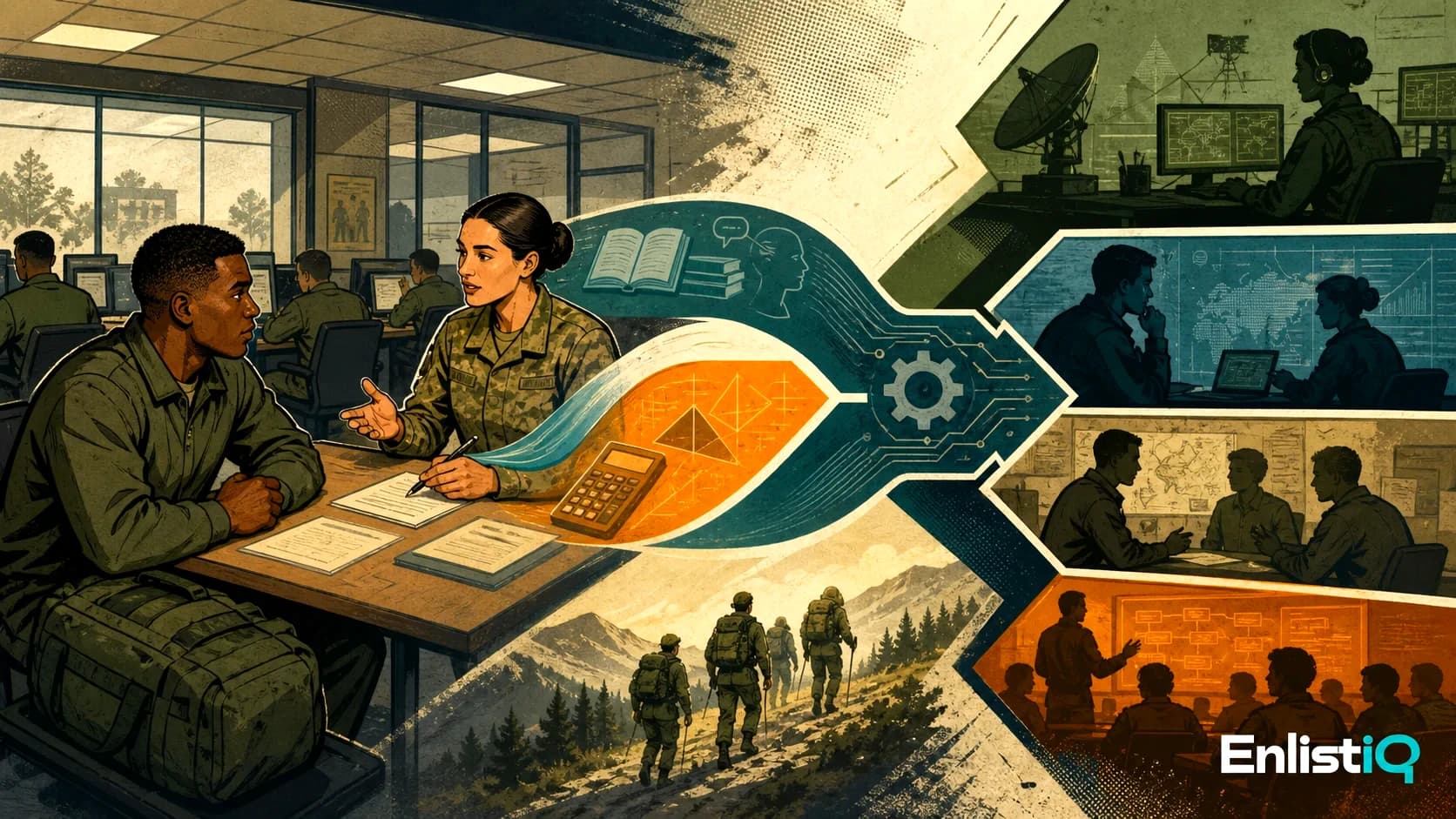 Illustrated military counselor explaining the ASVAB General Technical score and career options