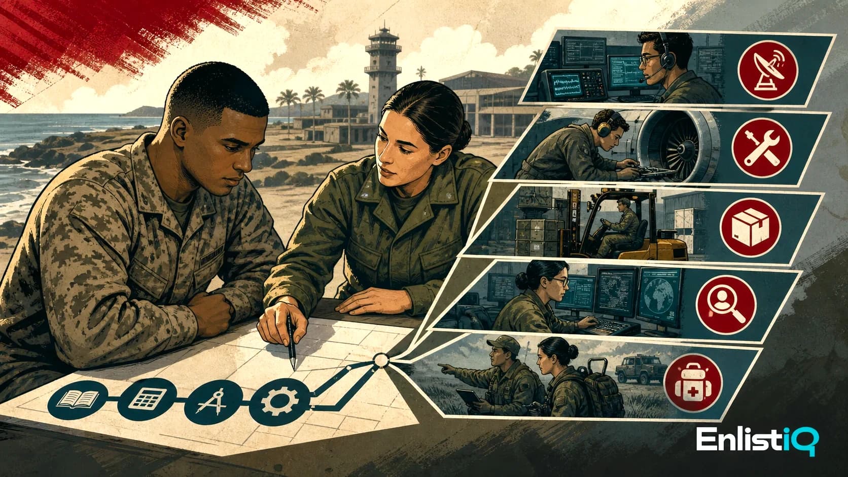Illustrated Marine Corps applicant reviewing ASVAB requirements and career paths