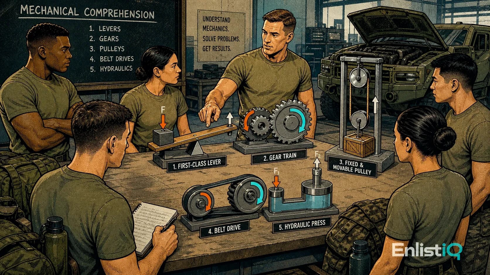 Illustrated military technical training scene with gears, pulleys, tools, and mechanical comprehension practice