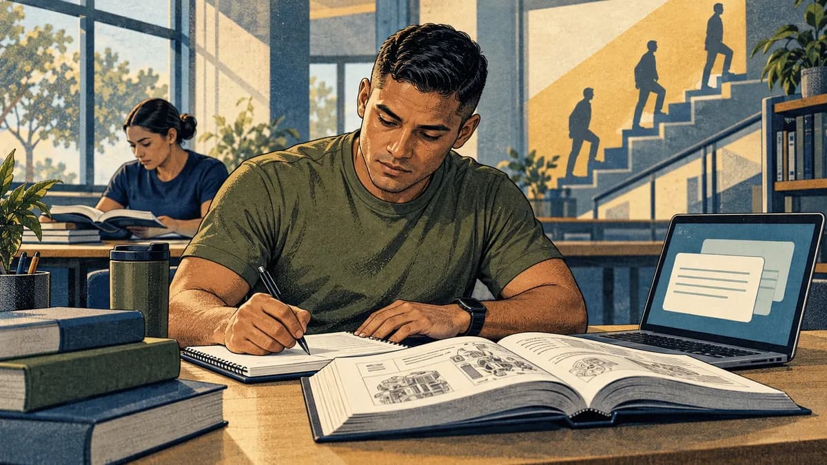 Service member studying technical references in an education center with a staircase motif representing career progression