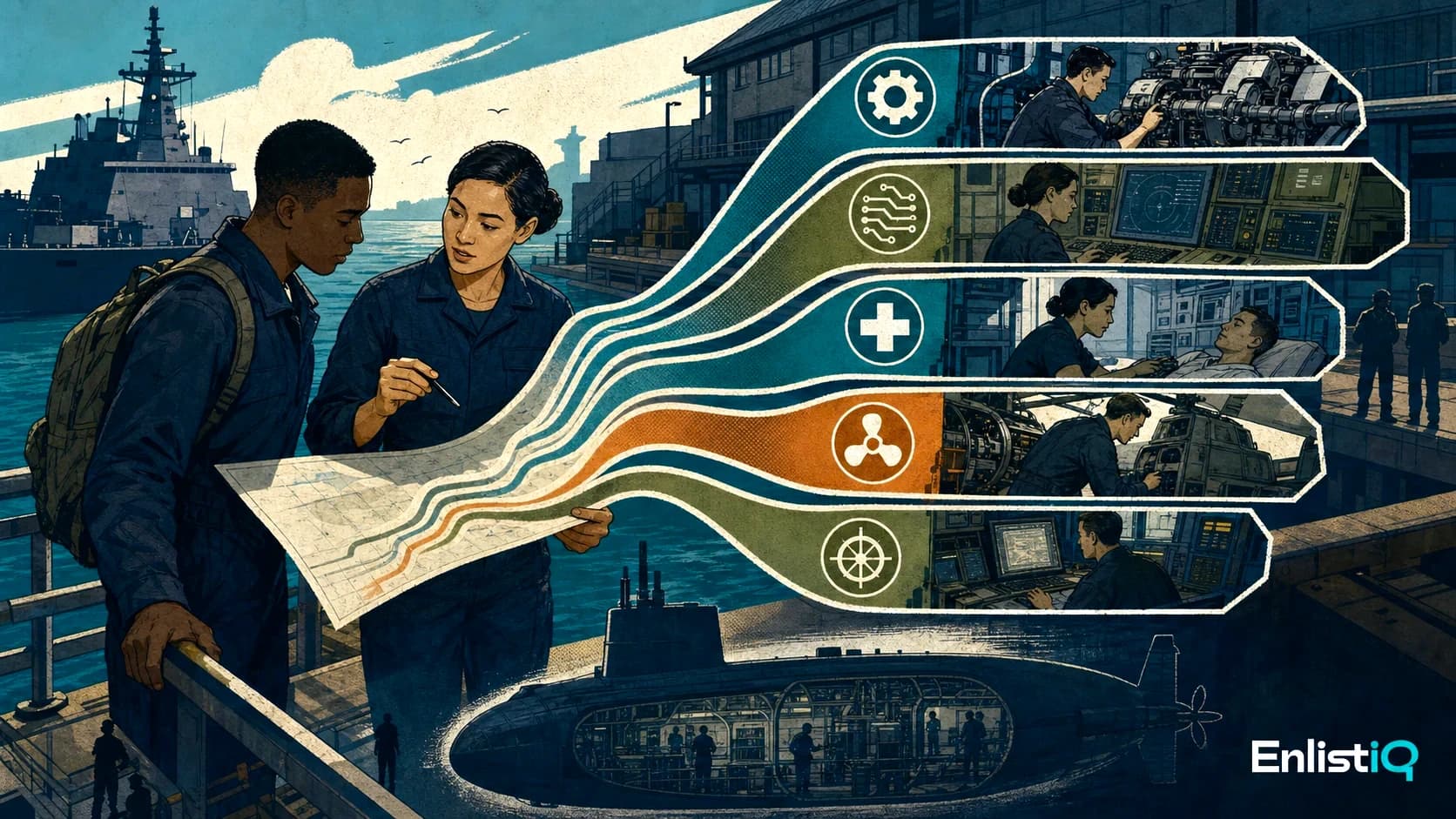 Illustrated Navy applicant reviewing ASVAB requirements with ships and technical career fields