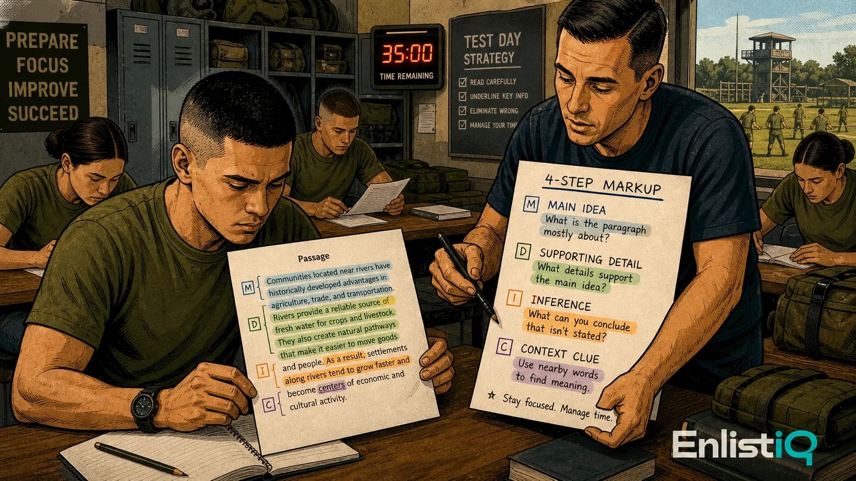 Illustrated military education class practicing ASVAB paragraph comprehension with annotated passages