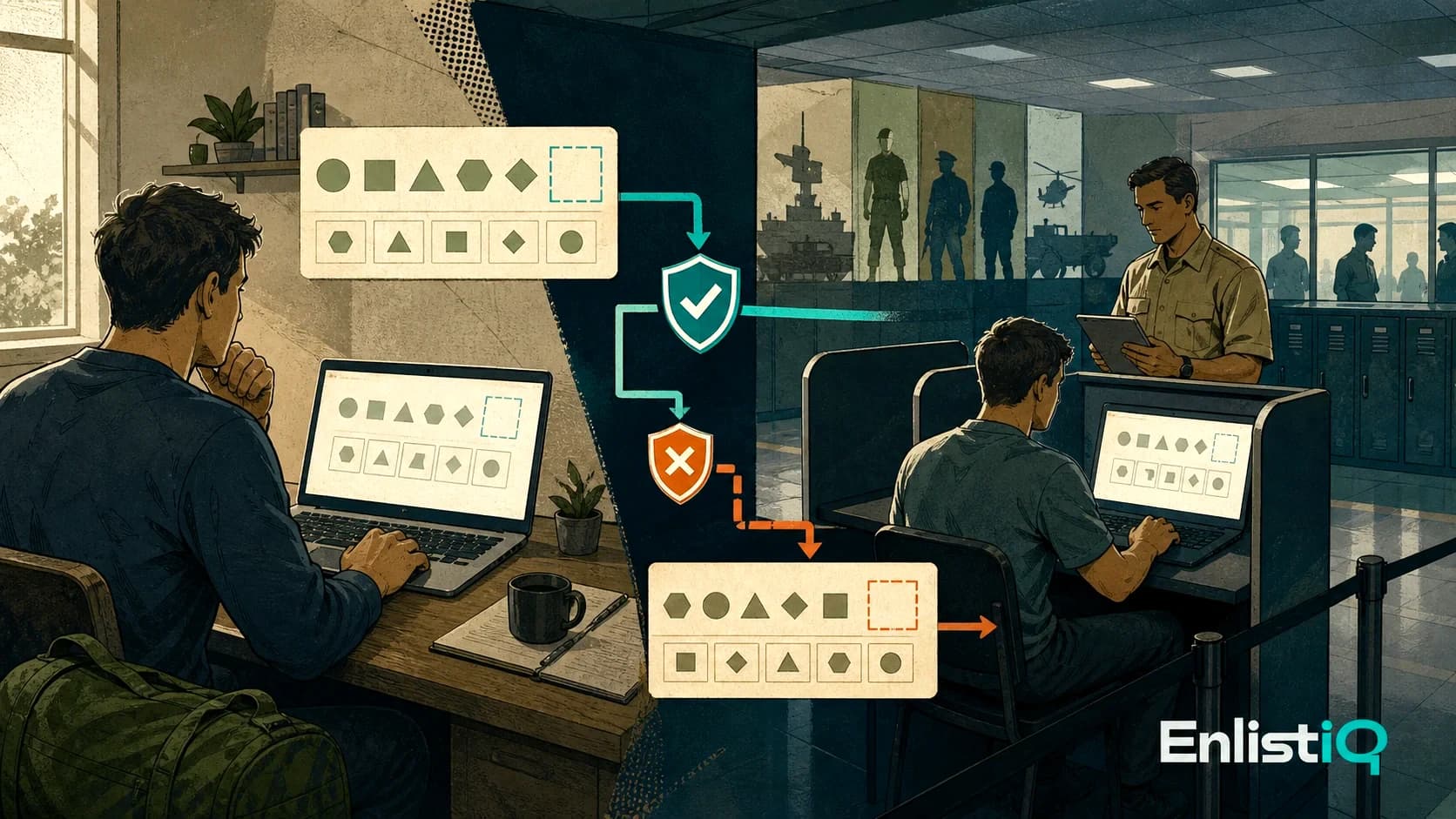 Illustrated split view comparing an at-home PiCAT with a secure military ASVAB testing center