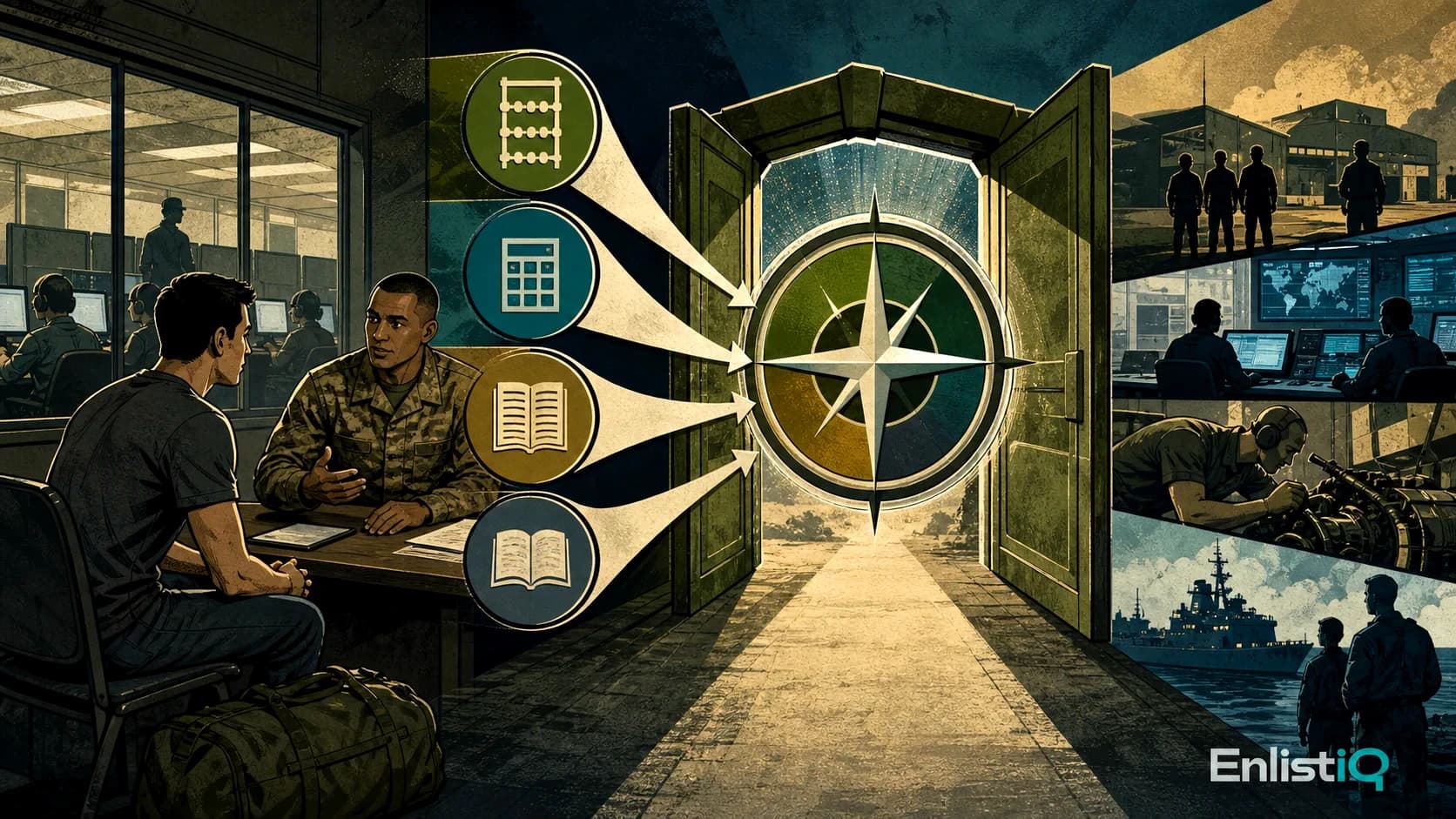 Illustrated military education counselor explaining how the four AFQT subtests affect eligibility