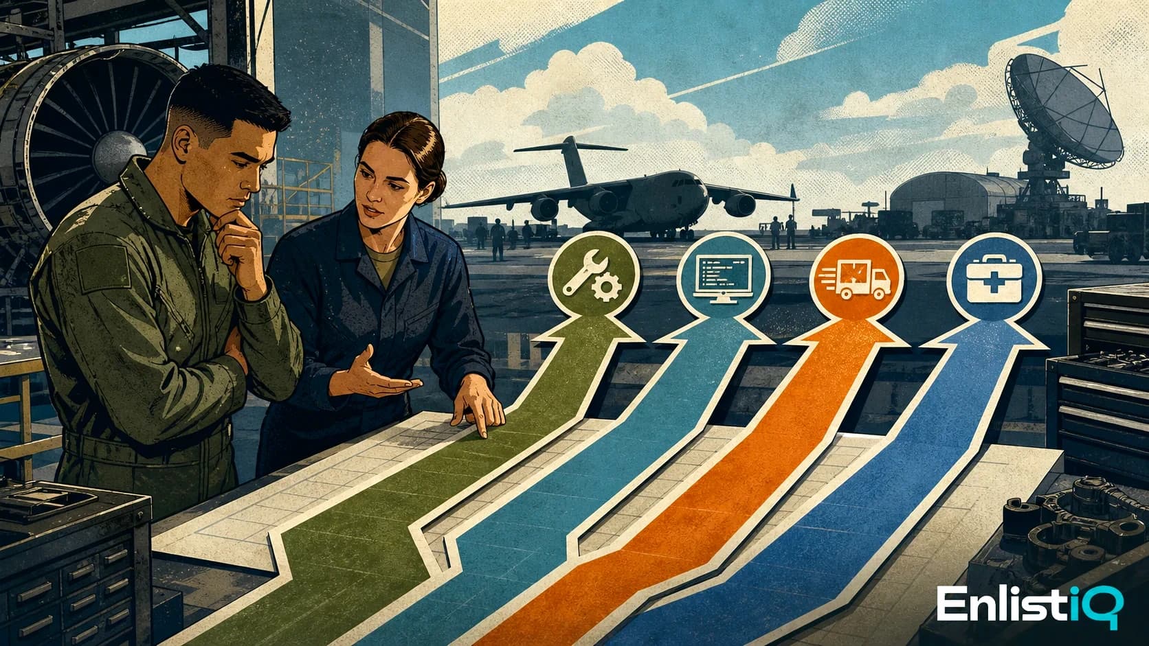 Illustrated Air Force applicant reviewing ASVAB scores and technical career options
