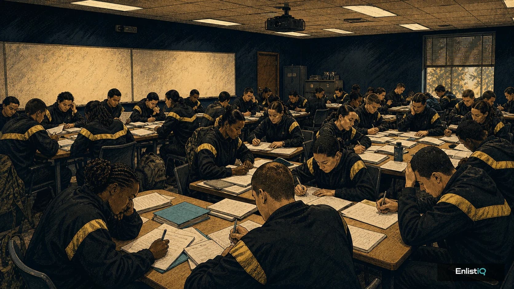 Illustrated military applicants studying together in a preparation classroom