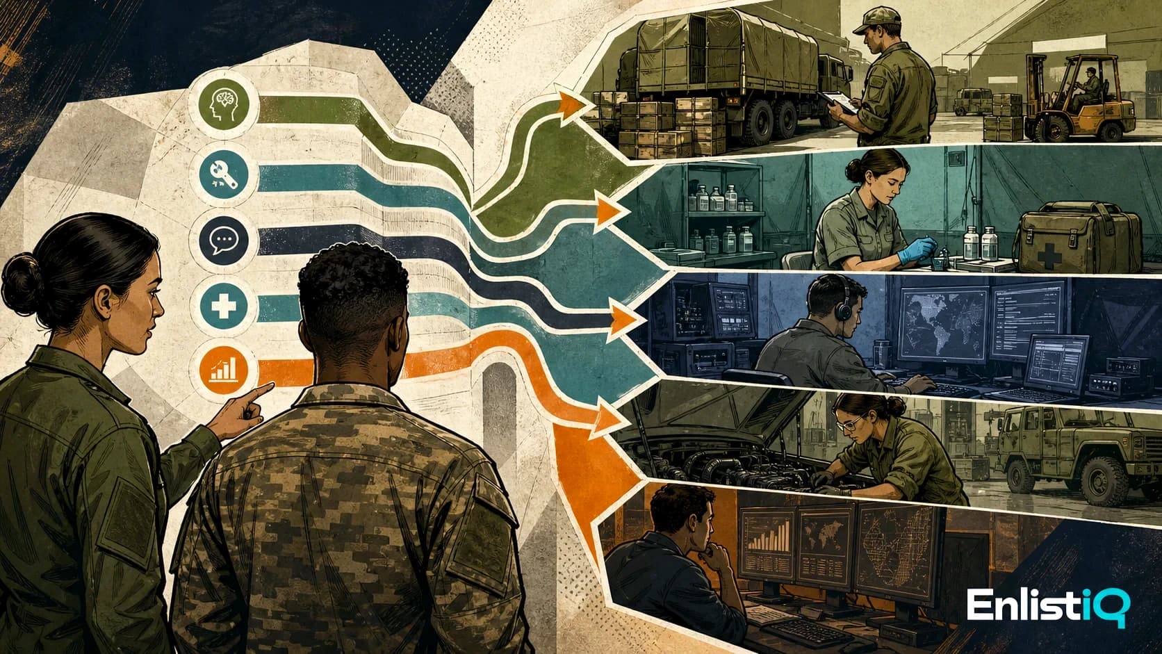 Illustrated Army applicant reviewing ASVAB eligibility and technical career requirements