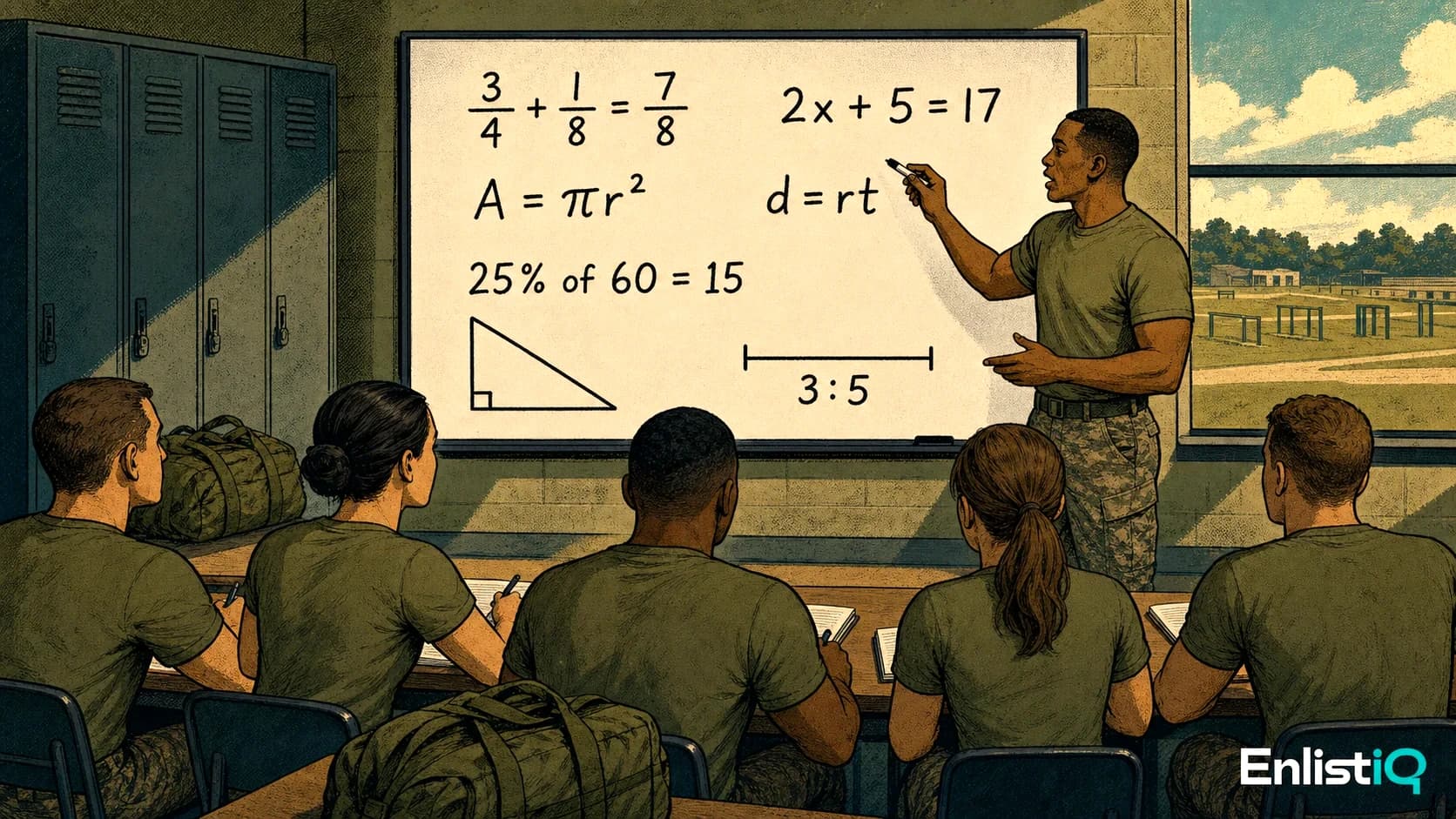 Illustrated military ASVAB classroom with correct algebra, fractions, geometry, rates, and percentages