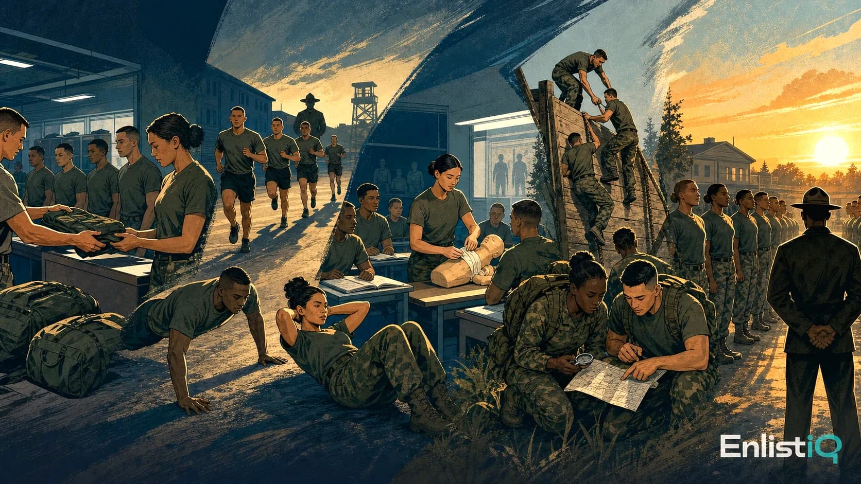 Illustrated military recruits preparing through fitness, knowledge, teamwork, and graduation milestones