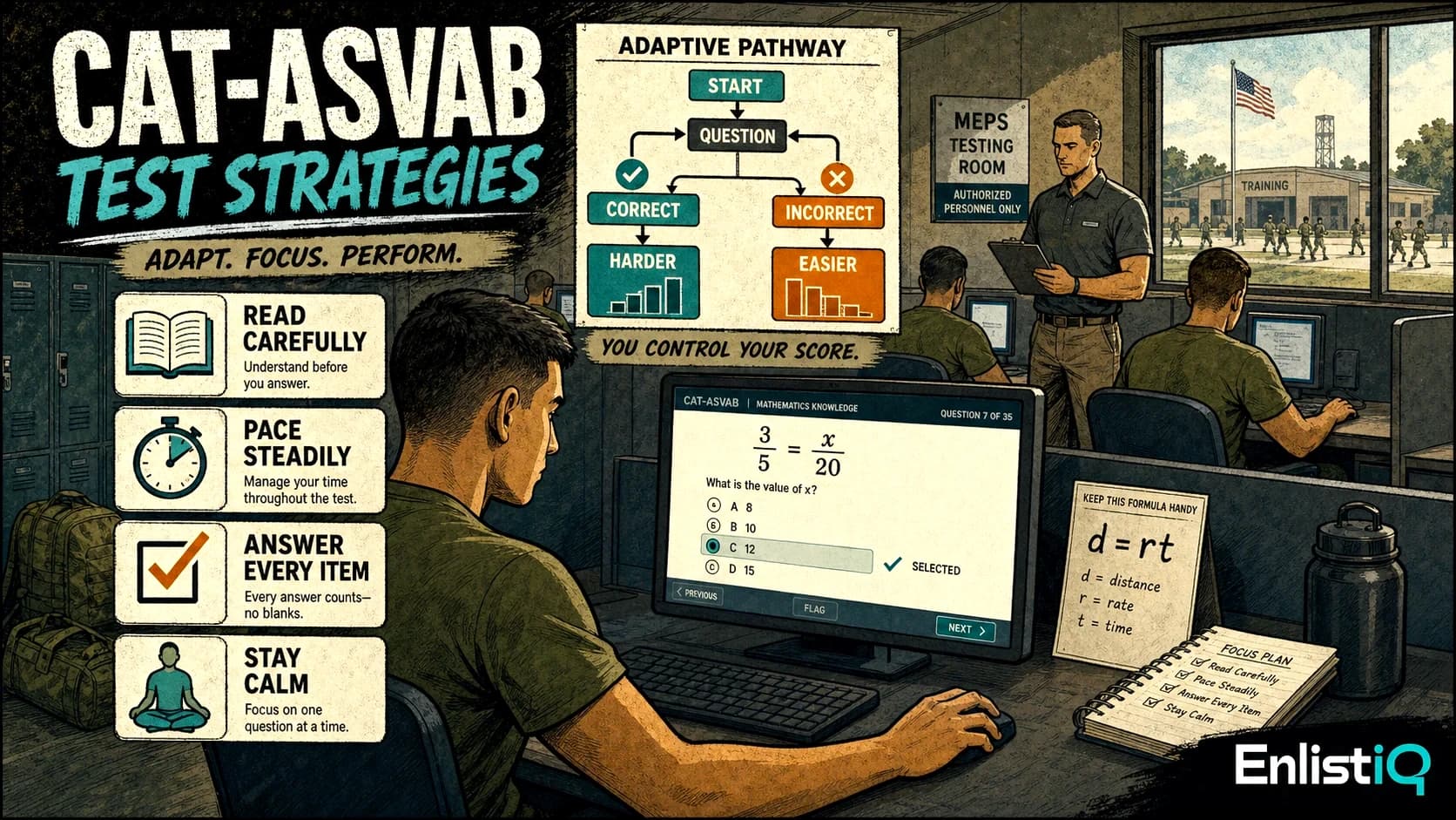 Illustrated CAT-ASVAB military testing room with adaptive strategy tips and a real proportion problem