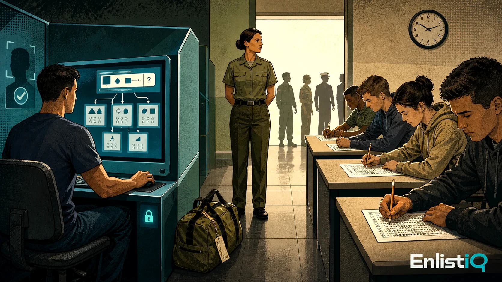 Illustrated military testing center comparing computerized CAT-ASVAB and paper ASVAB formats