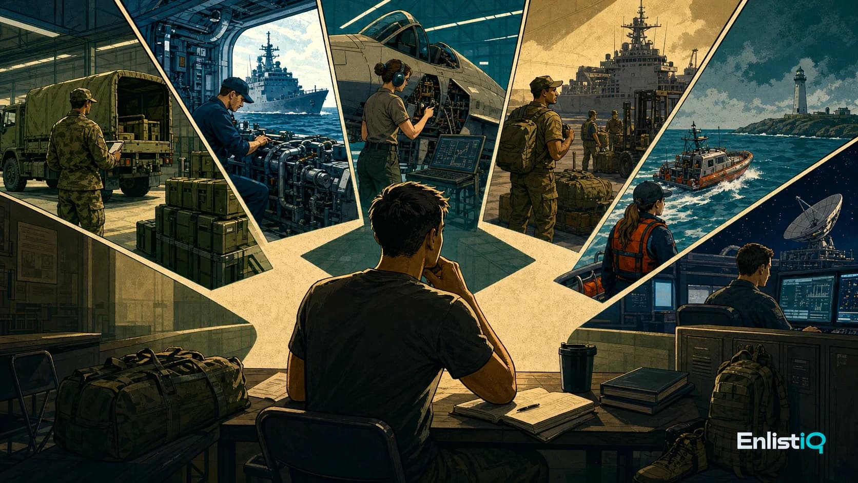 Illustrated applicant comparing the missions and career fields of all six military branches