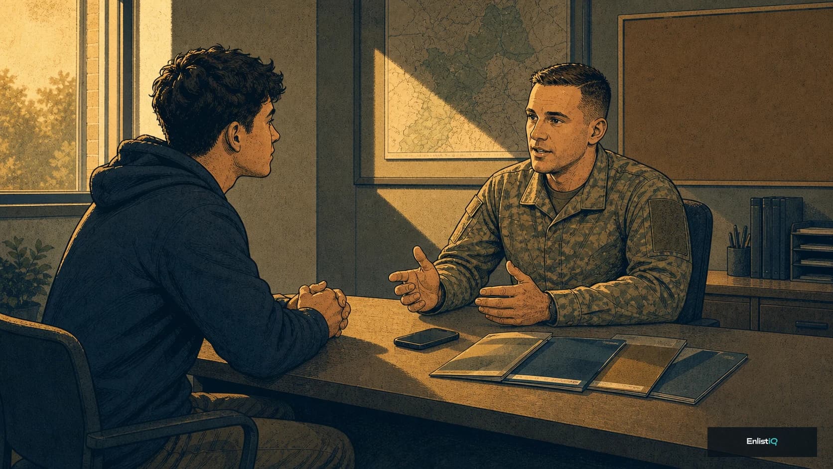 Illustrated first meeting between a prospective enlistee and a military recruiter