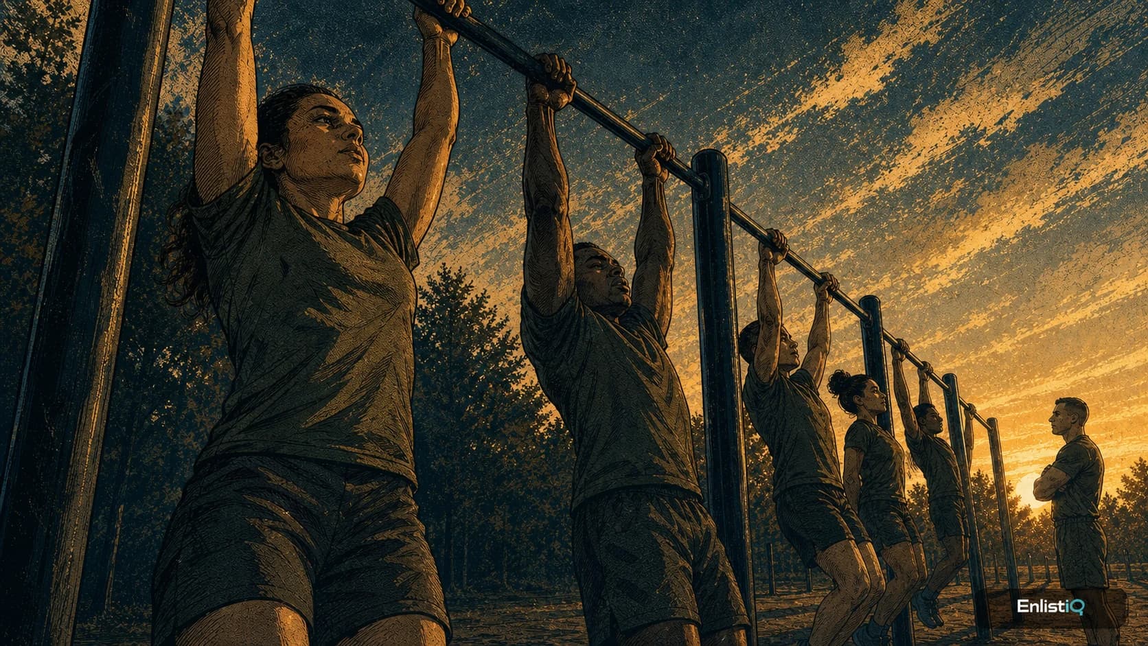 Illustrated military applicants training on outdoor pull-up bars at sunset