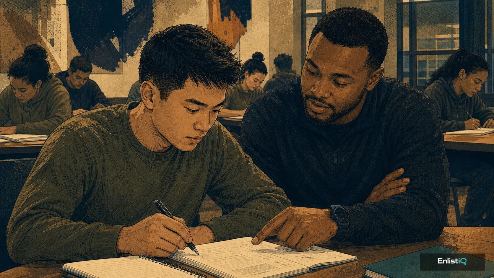 Illustrated instructor helping an applicant with an ASVAB readiness assessment