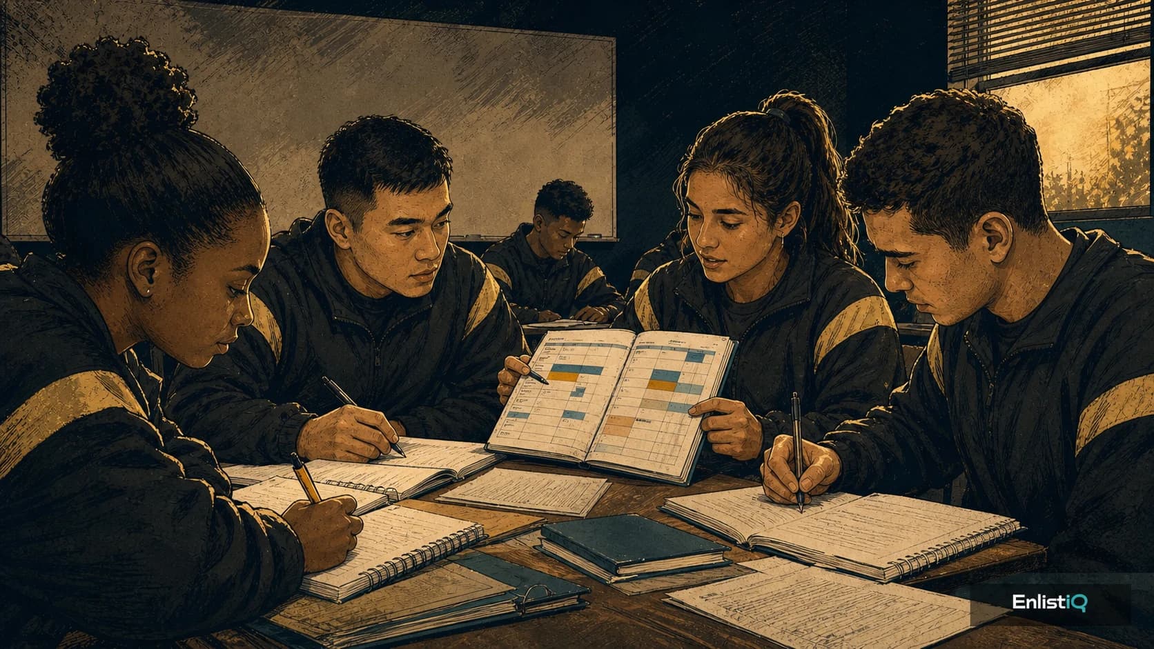 Illustrated applicants using a weekly planner to build an ASVAB study schedule