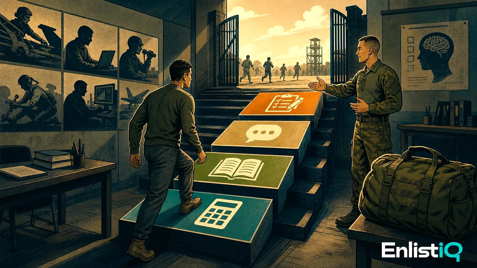 Illustrated military education class following a focused route to a qualifying ASVAB score
