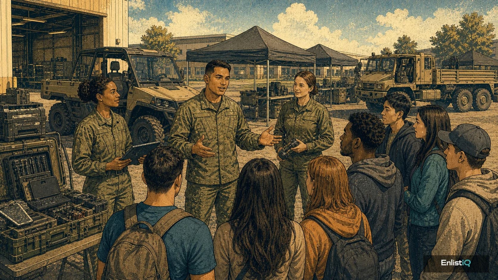 Illustrated military technical professionals discussing career fields with applicants
