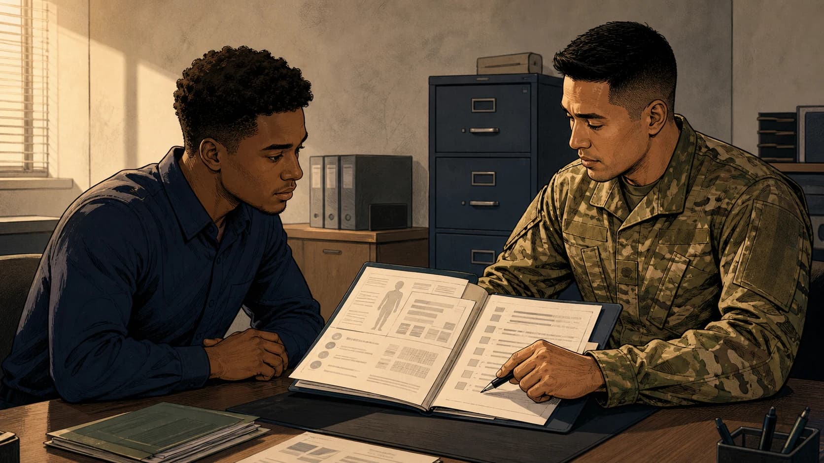 Illustrated military applicant and recruiter reviewing an enlistment waiver packet together