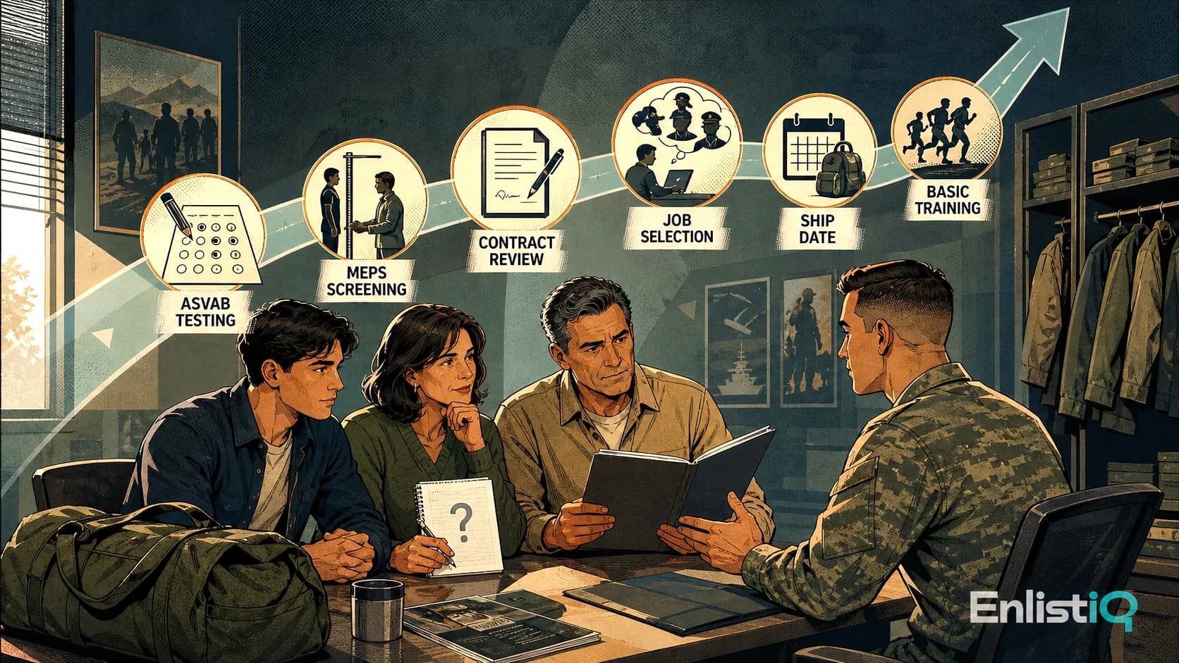 Illustrated family reviewing military enlistment, ASVAB, contract, training, and career questions together