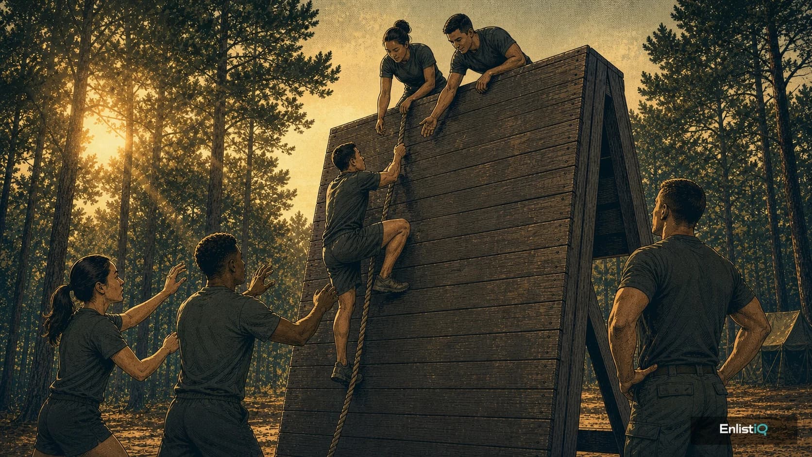 Illustrated applicants helping one another over a confidence-course wall