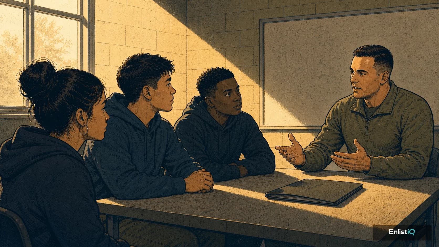 Illustrated recruiter answering applicants' questions about enlistment paperwork