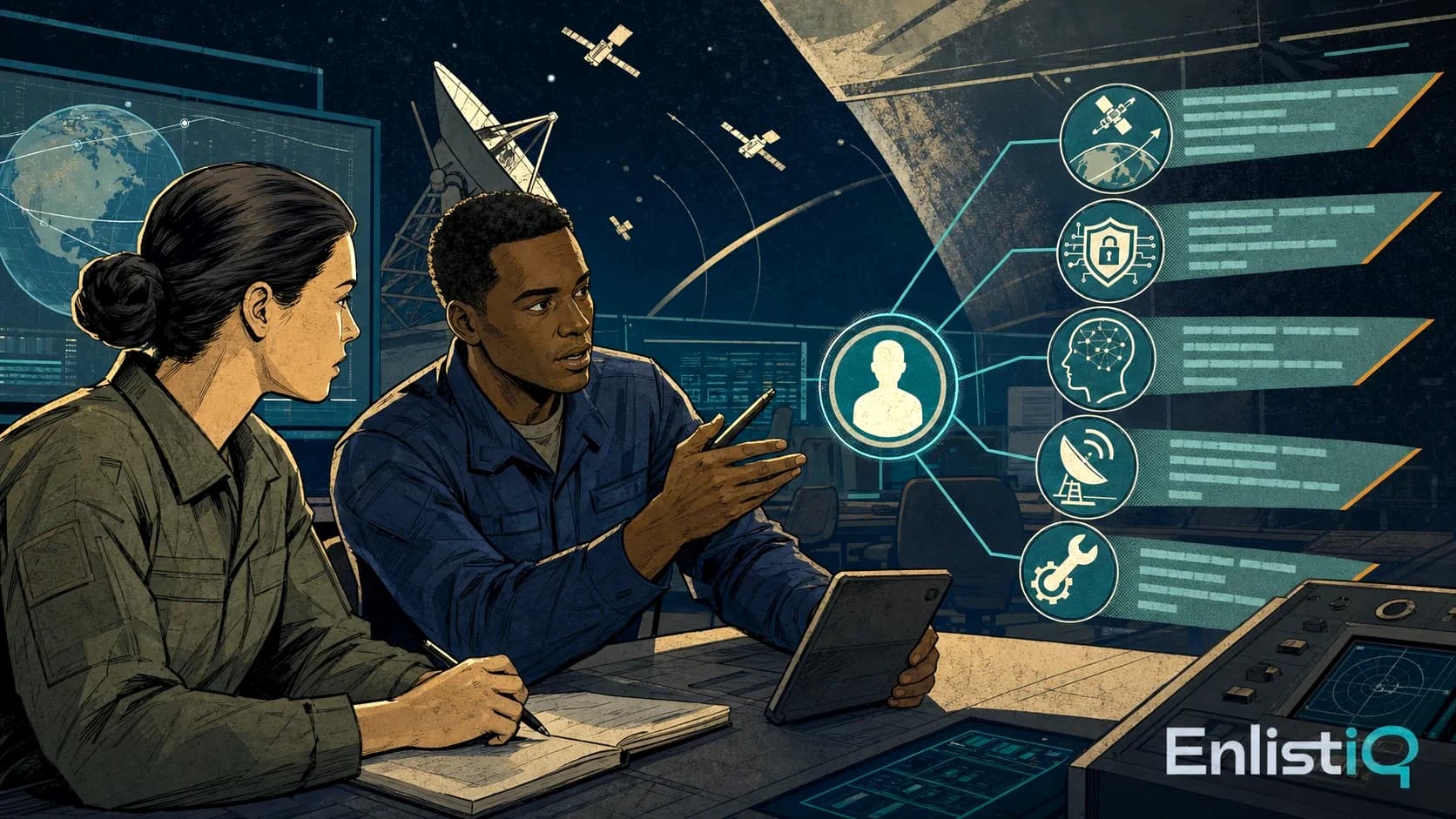 Illustrated Space Force applicant reviewing ASVAB requirements and space systems careers