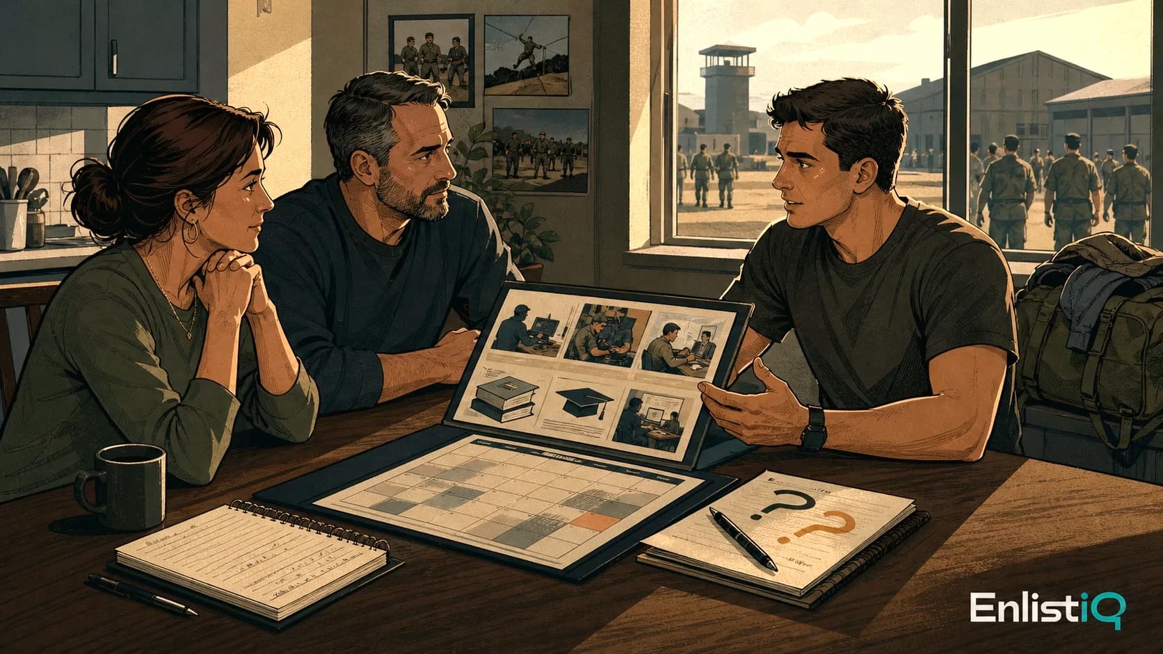 Illustrated applicant and family having a thoughtful conversation about military service