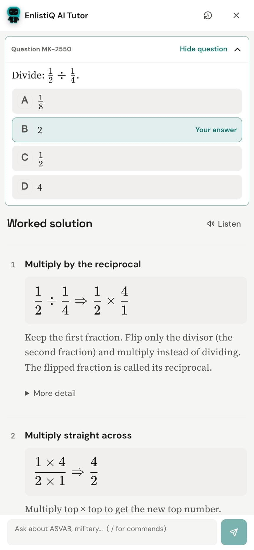 The EnlistiQ mobile tutor showing the original fraction question and a worked solution using the reciprocal