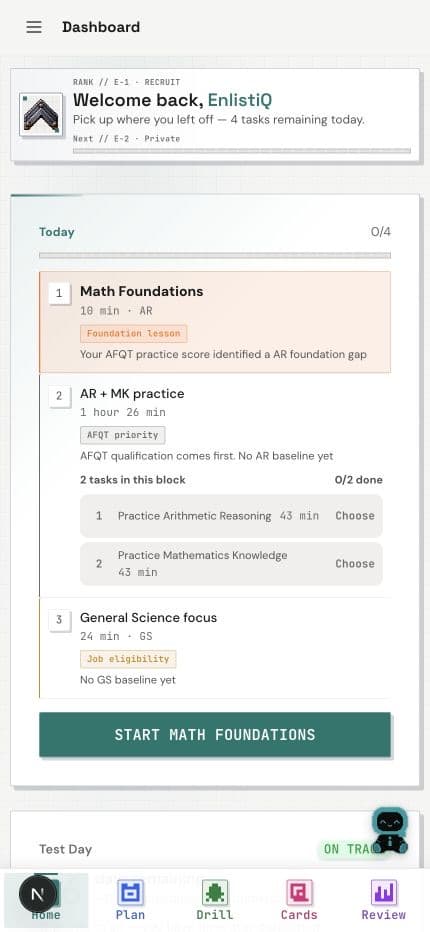 EnlistiQ dashboard showing an adaptive ASVAB study plan on iPhone