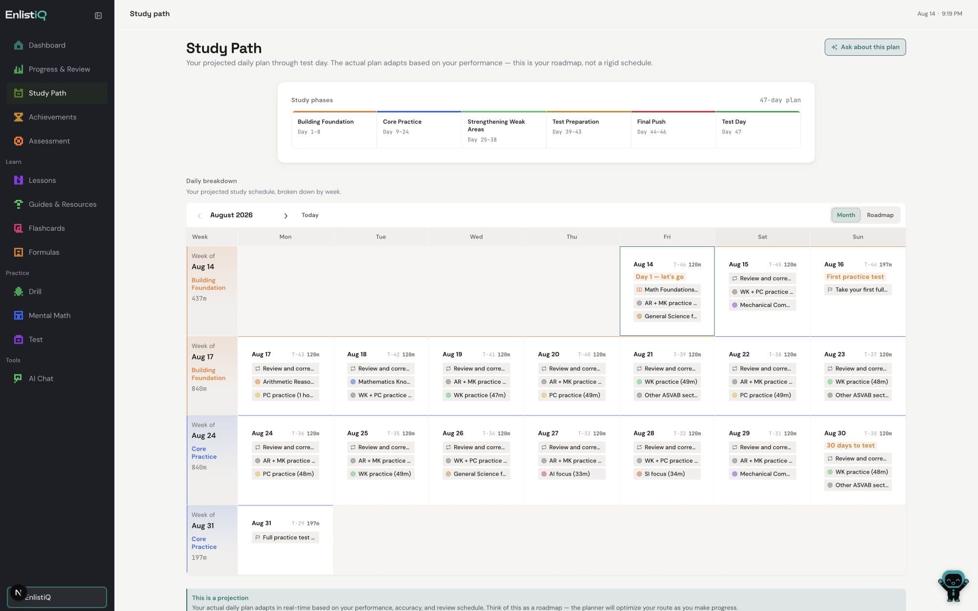 EnlistiQ adaptive ASVAB study path with scheduled lessons and practice