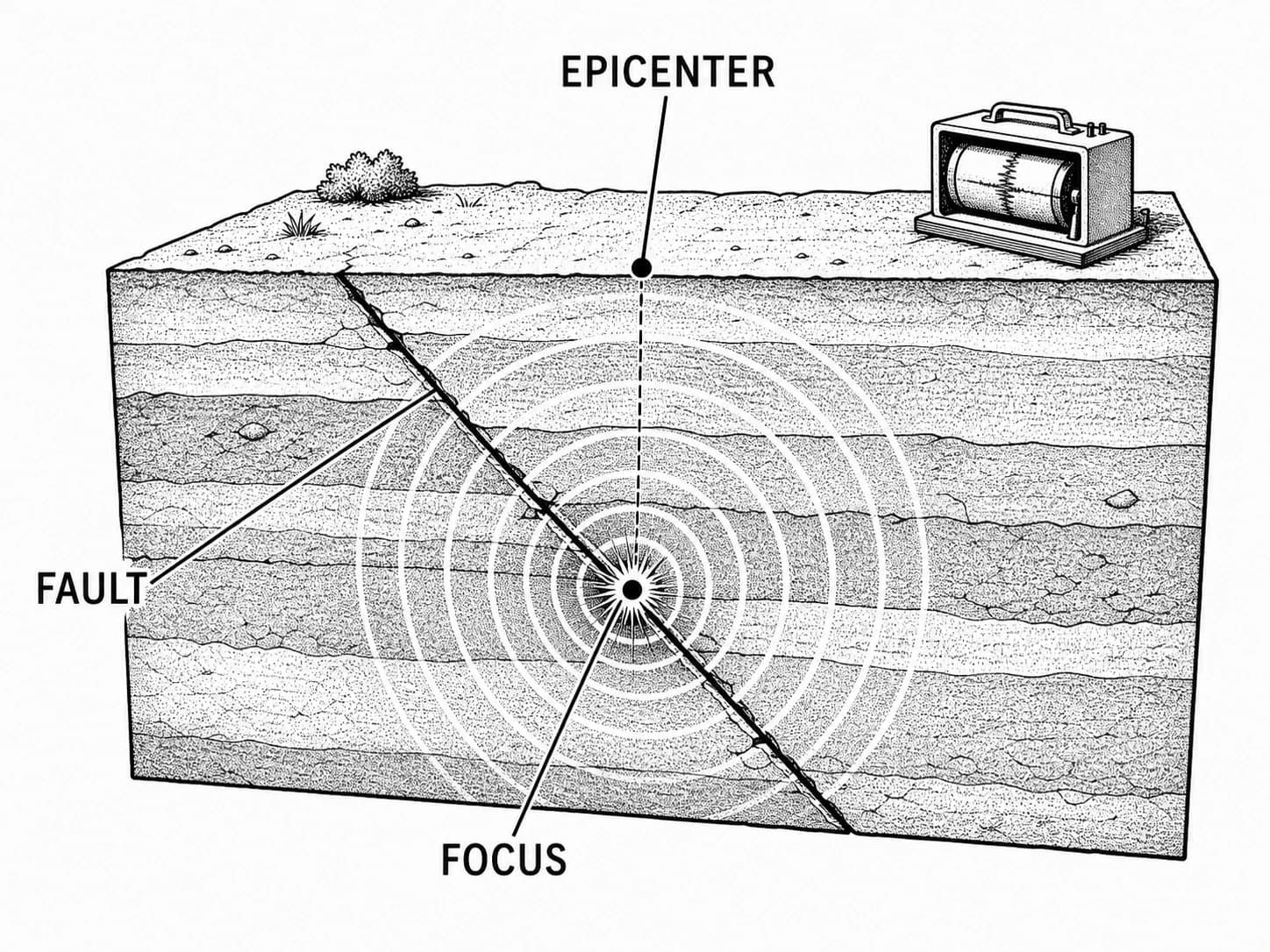 Corte transversal de un terremoto con falla, foco subterraneo y epicentro superficial