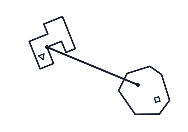 A diagonal connector runs from an upper-left stepped figure to the interior point of a lower-right shield figure.