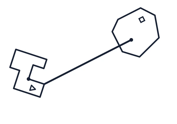 A diagonal connector runs from the rightmost corner of a lower-left stepped figure to the interior point of an upper-right shield figure.